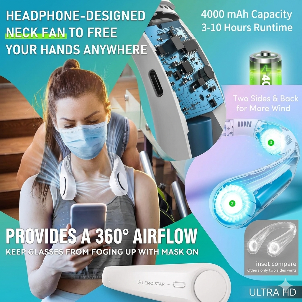 Portable Neck Fan, Hands Free Bladeless Fan