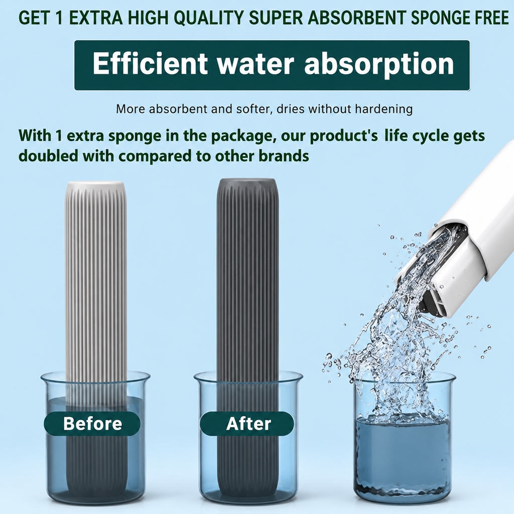Mini Mop for Kitchen, Floor, Glass, Car & More - 2 Sponges | Self Squeeze | Strong Absorbent | Wet & Dry Use