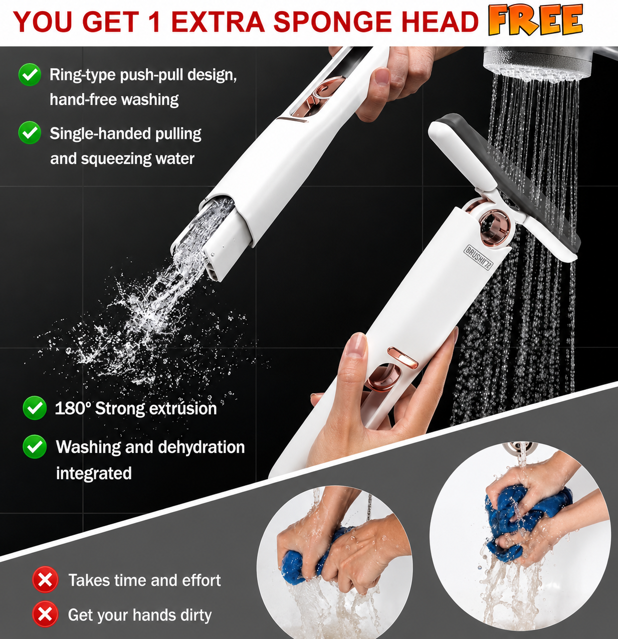 Mini Mop for Kitchen, Floor, Glass, Car & More - 2 Sponges | Self Squeeze | Strong Absorbent | Wet & Dry Use