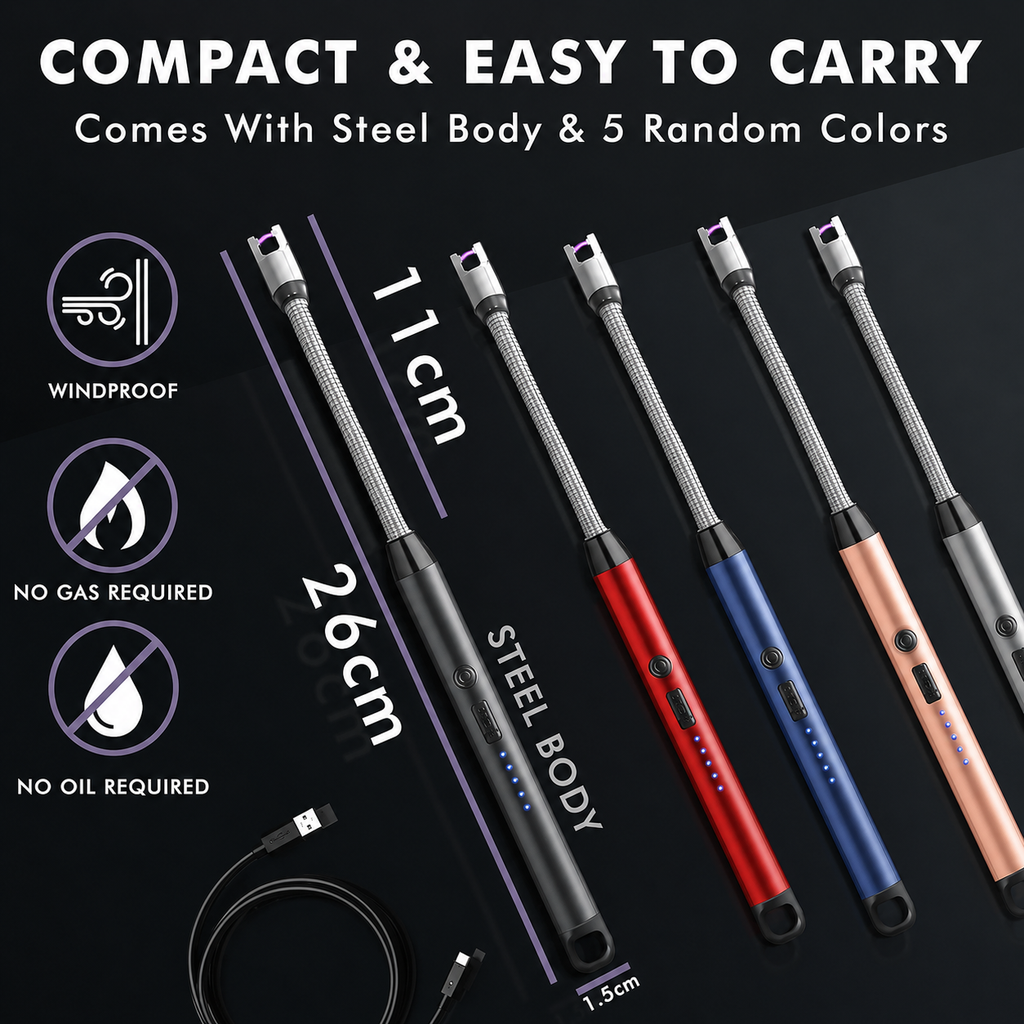 USB Rechargeable Electric Kitchen Lighter – Windproof, Flameless Arc Lighter for Gas Stove, Candles & Diwali (Pack of 1)